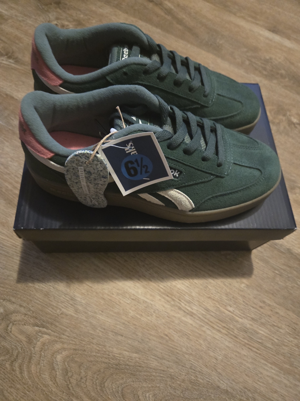 Reebok Women's Green Suede Sneakers with Pink Heel Accent